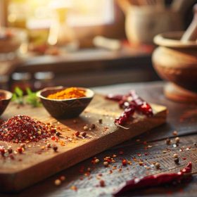 Chili salt, dried chili and chili powder on wooden cutting board in cozy kitchen