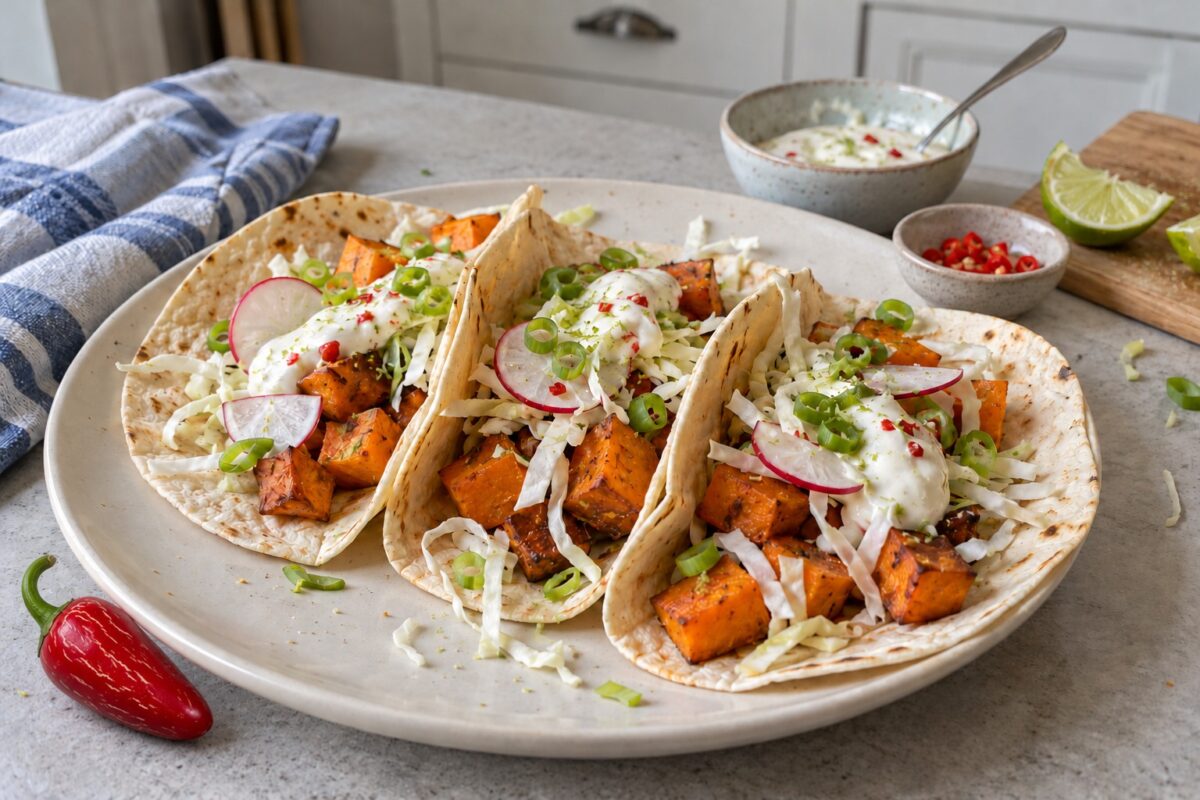 Sötpotatistacos med chili-limekräm, vitkål, salladslök och rädisor på ett fat.